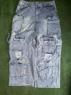 Light Wash Distressed Cargo Jeans